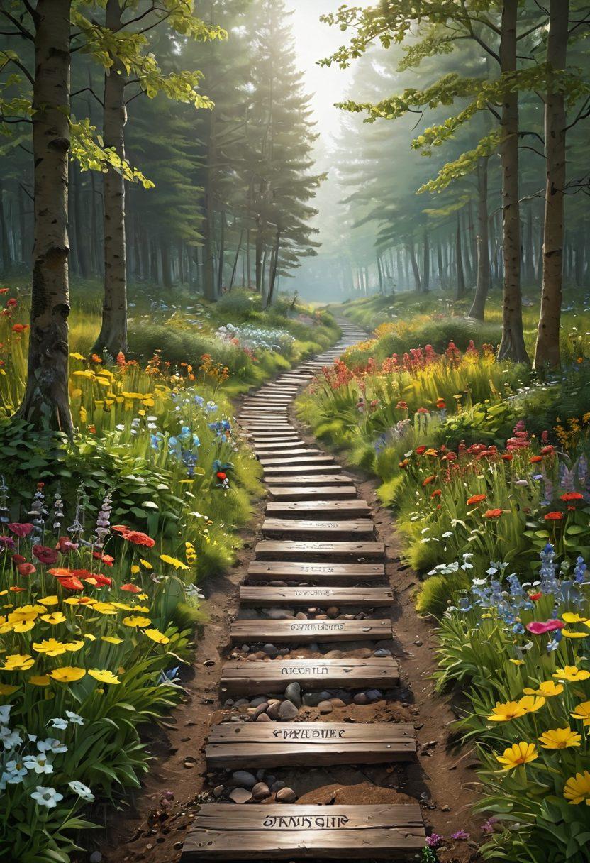 A serene landscape depicting a pathway leading from a dark forest labeled 'Diagnosis' to a bright and vibrant meadow symbolizing 'Survivorship'. Along the path, include supportive elements like hands holding a toolkit with essentials for coping and healing, and signposts with encouraging words like 'Hope', 'Support', 'Strength' adorned with blooming flowers. The atmosphere should evoke a sense of journey and resilience. brighten the scene with uplifting colors. super-realistic. vibrant colors. 3D.