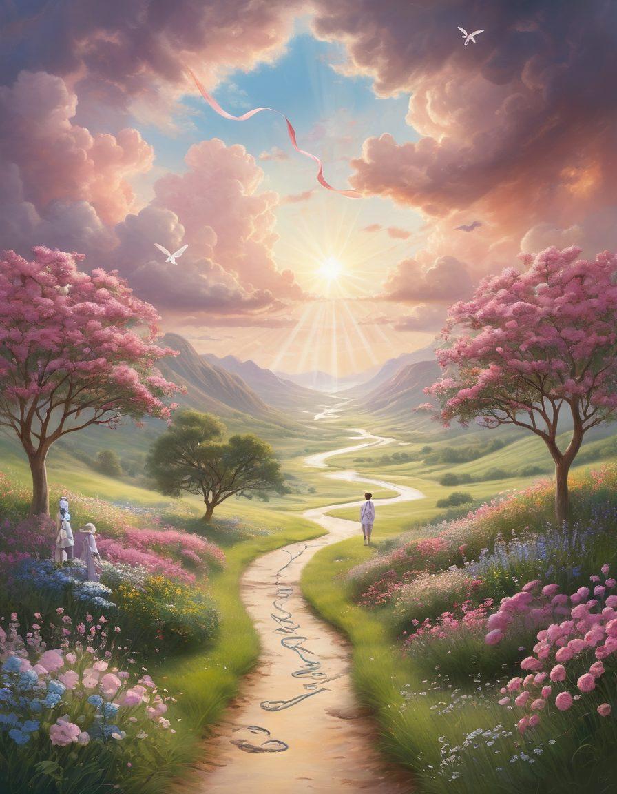 A thoughtful composition displaying a pathway winding through a lush, serene landscape symbolizing the journey of cancer care. Incorporate supportive elements like diverse individuals holding hands, showing unity and advocacy, alongside medical symbols like ribbons and stethoscopes subtly integrated into the scenery. Soft sunlight breaking through clouds, representing hope and guidance. pastel colors. inspirational style. 